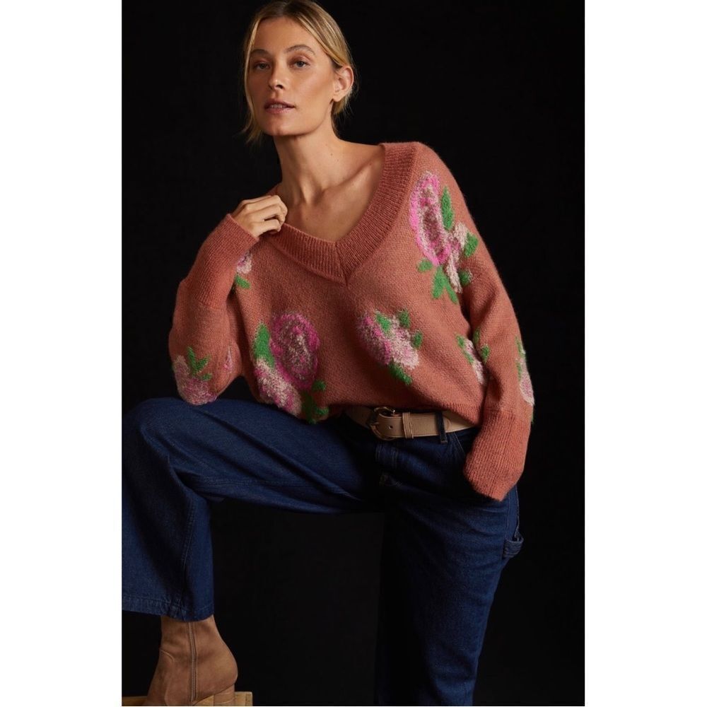 New Anthropologiedropshoulderv-Neckpink Rose Floral Oversized Sweater Small